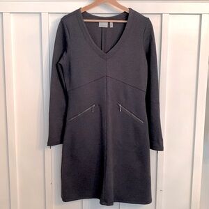 Athleta “Celebration” Heather Gray-Blue Ponte Knit V Neck Dress